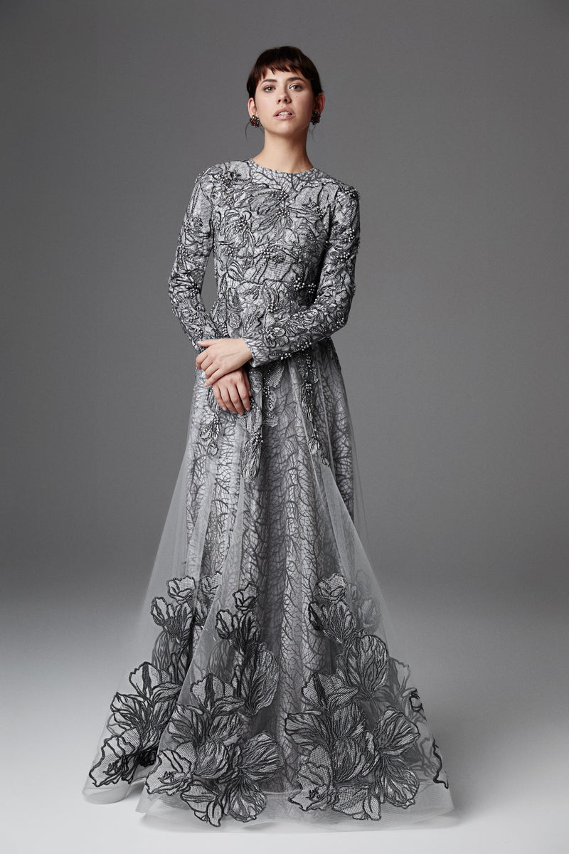 Silver Blossom Embroidered Gown