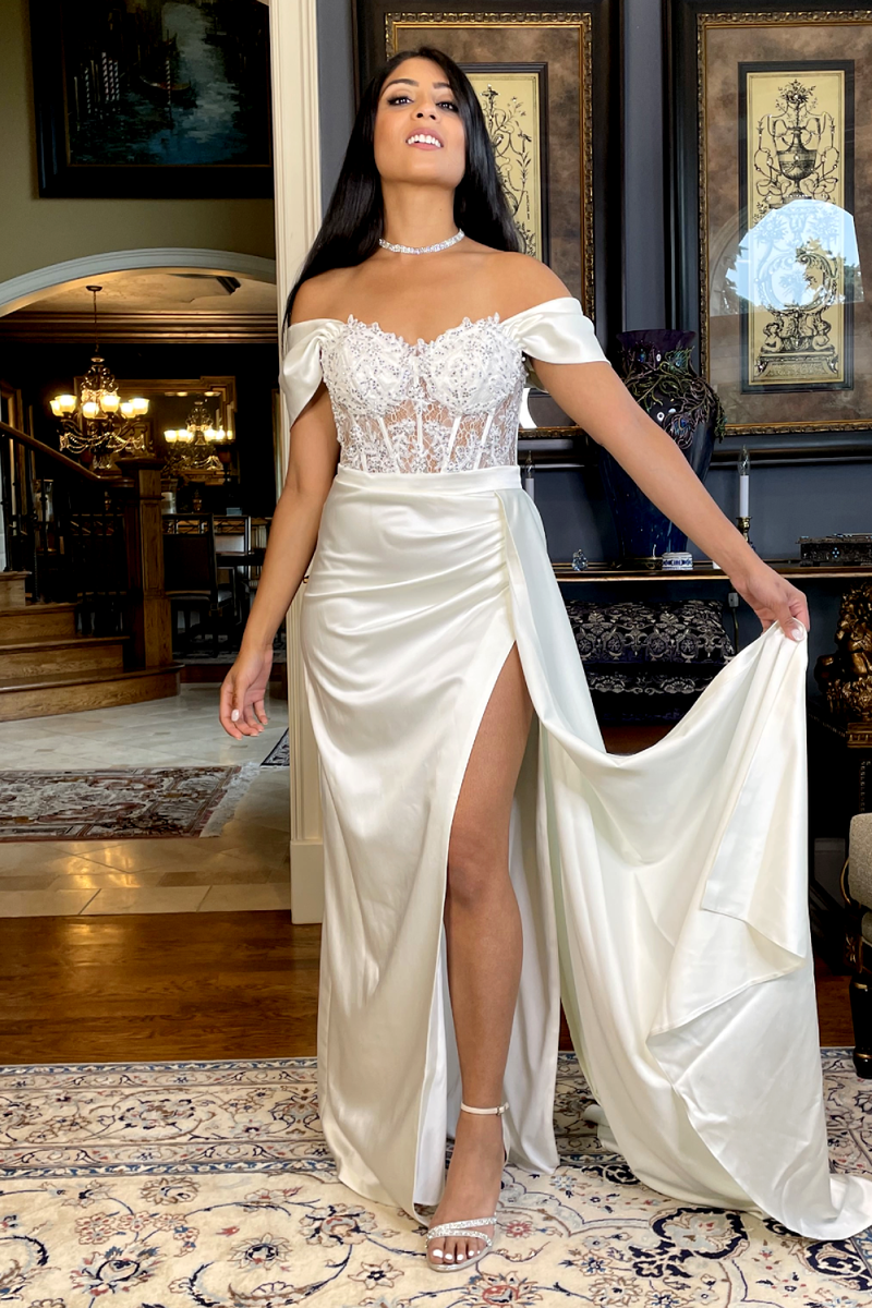 Valentina Embroidered White Off Shoulder Corset Formal Satin Dress unmatchedbyu Valentina Embroidered White Off Shoulder Corset Formal Satin Dress unmatchedbyu