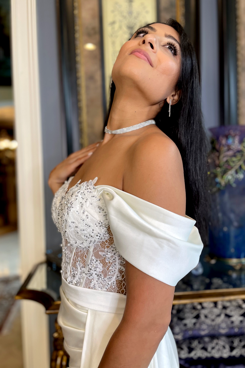 Valentina Embroidered White Off Shoulder Corset Formal Satin Dress