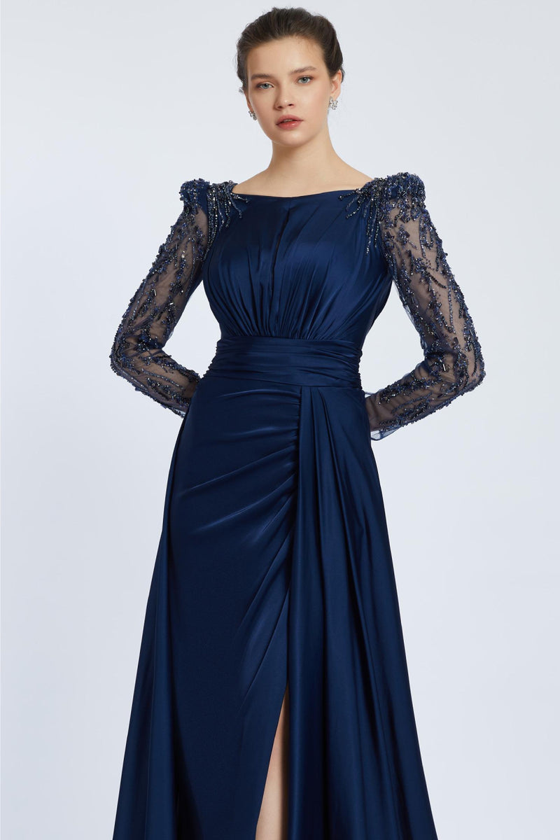 Victoria Modest Embroidered Sleeves Navy Blue Gown – unmatchedbyu