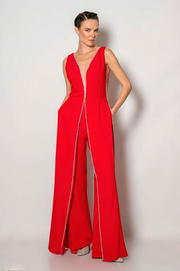 Athena Red Dress Jumpsuit with Pockets