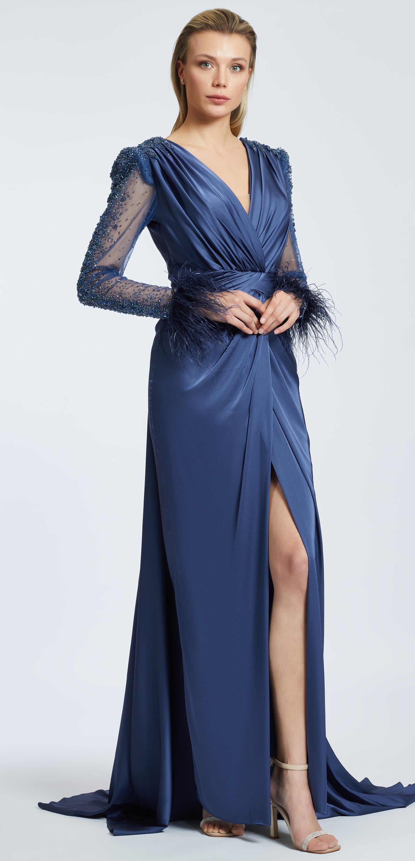 chinese dress ladies Fiona Indigo Blue Feather Long Sleeve Satin Gown – unmatchedbyu