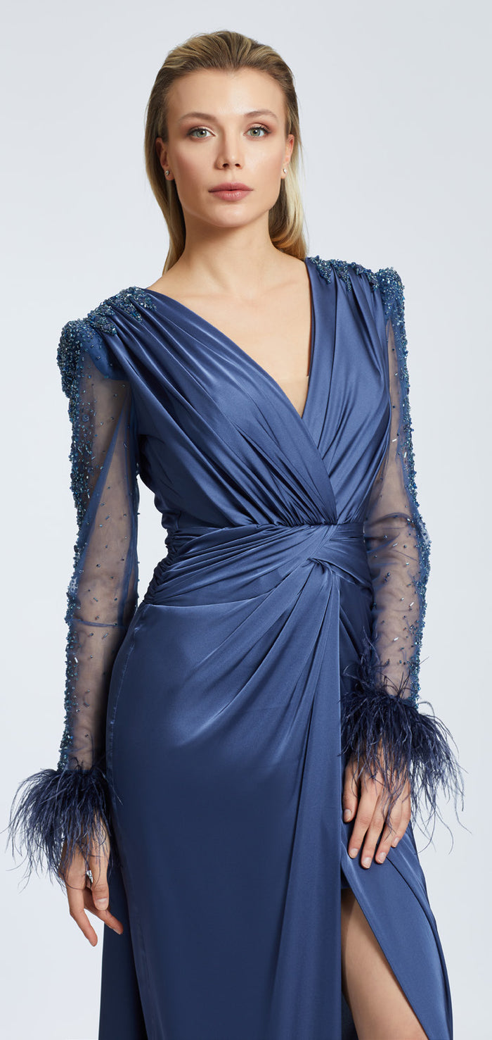 slim fit dress slacks Tina Holly Couture TW079 Indigo Crossover Plunging Neckline With Spagh main image 0