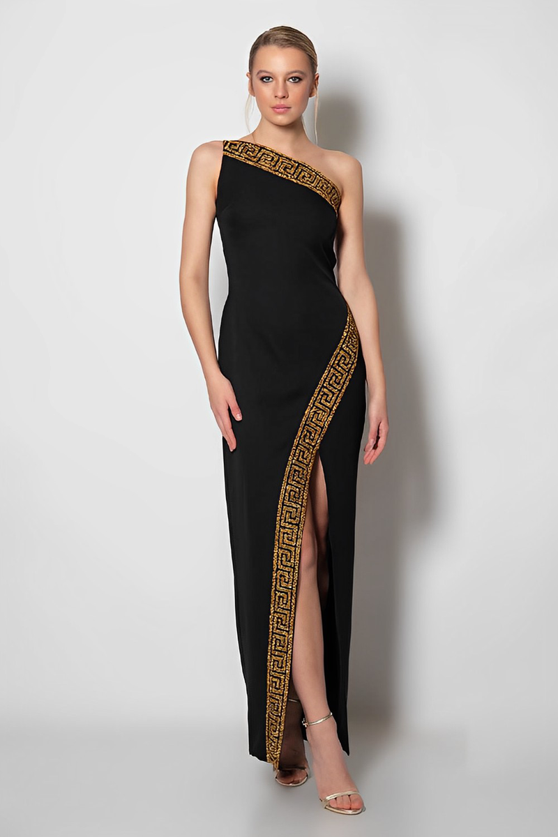 Eleanor Greek Key Pattern Black Dress